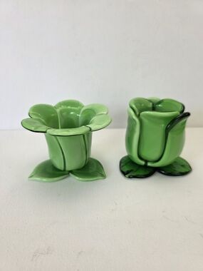 Green Hand Blowned Glass Flower Votives - Set of 2